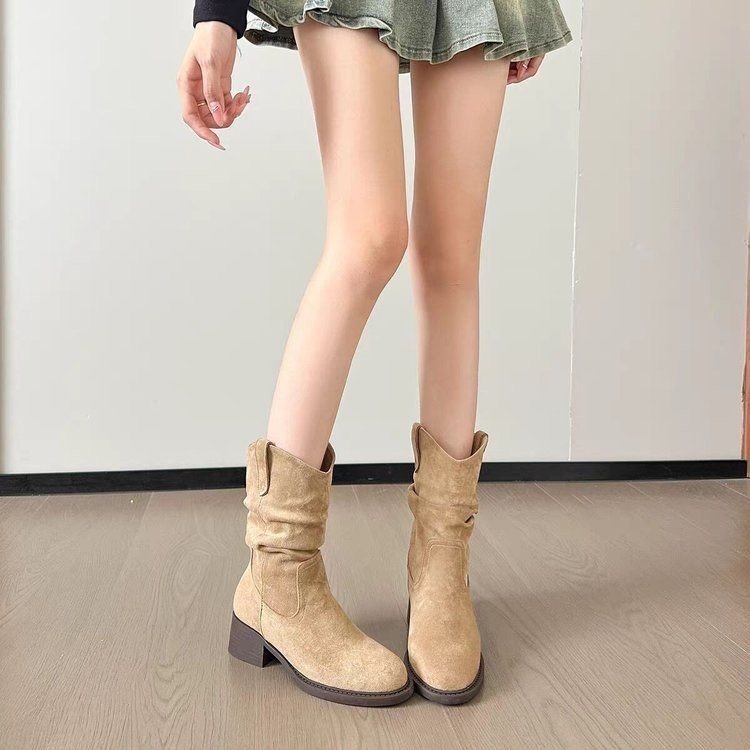 Casual Beige Suede Slouchy Mid-Calf Cowboy Boots - Image 2
