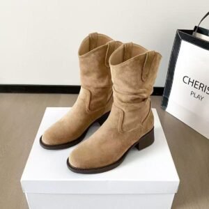 Casual Beige Suede Slouchy Mid-Calf Cowboy Boots