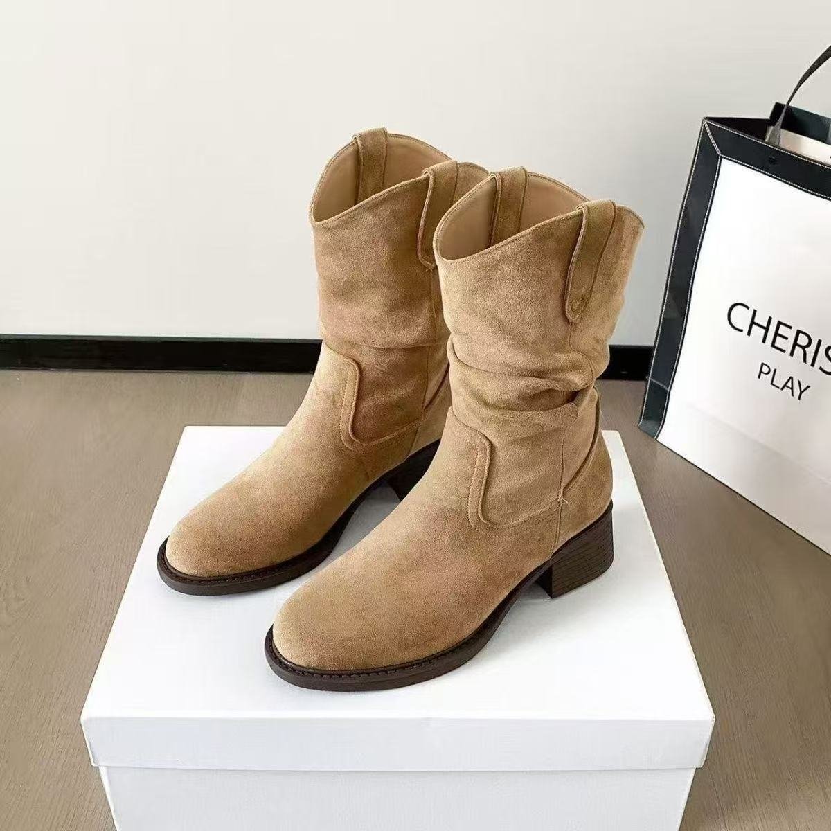 Casual Beige Suede Slouchy Mid-Calf Cowboy Boots